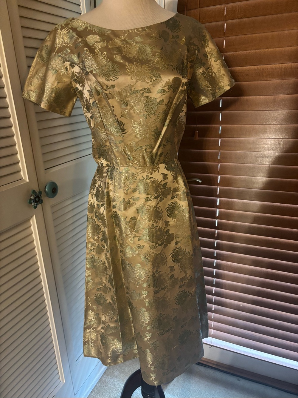 Vintage Handmade Gold Brocade Short Sleeve Fit & Flare Dress